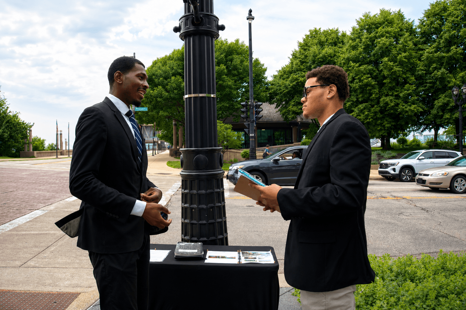 Two Glo team members in conversation during a community outreach day